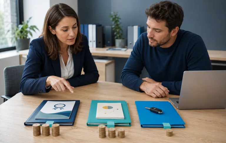 Conseillère présentant à un bénéficiaire trois financements CPF consacrés à une certification, un bilan de compétences et un permis de conduire.