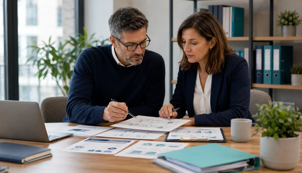 Deux professionnels assis autour d’une table examinent ensemble des documents d’évaluation et des graphiques dans un bureau lumineux, avec ordinateur portable, dossiers et accessoires aux tons bleu marine, bleu clair et turquoise
