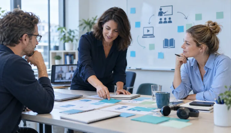 Trois professionnels conçoivent ensemble un parcours de formation multimodal autour d’une table, avec des supports pédagogiques, un ordinateur portable et un casque, dans un bureau lumineux aux tons bleu marine, bleu clair et turquoise.