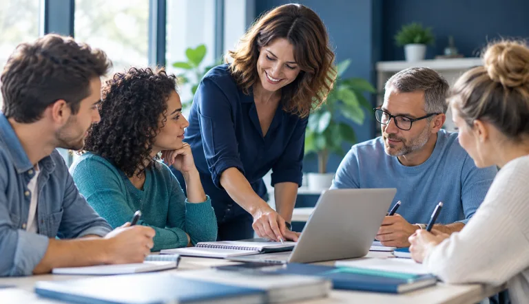 Un groupe d’adultes en formation travaille autour d’une table avec une formatrice