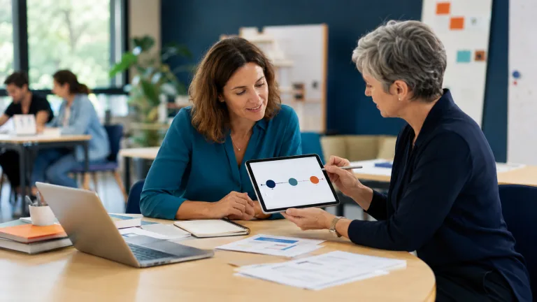 Une salariée échange avec une conseillère en formation autour d’une tablette représentant les différentes étapes d’un parcours de reconversion professionnelle.