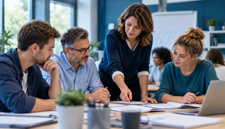 Formatrice accompagnant des professionnels de niveaux d’expérience différents autour de documents de travail lors d’une séance de formation.