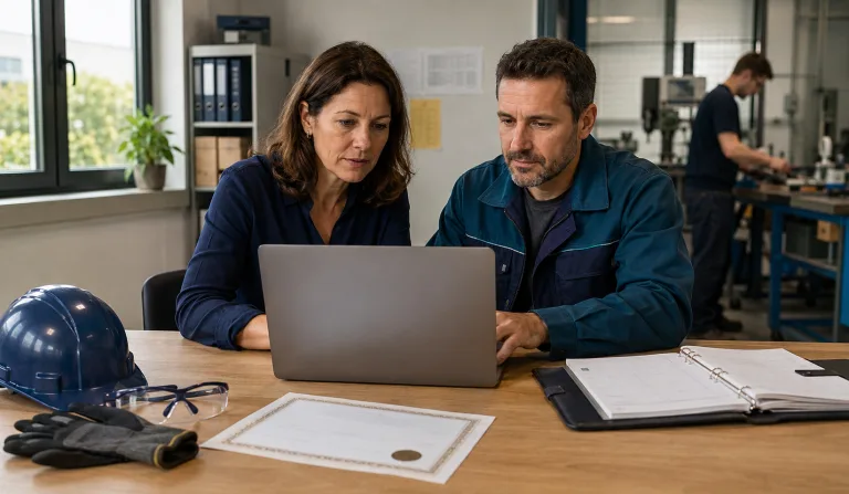 Deux professionnels consultent un ordinateur portable dans un atelier de formation, entourés d’un calendrier, d’un certificat et d’équipements de protection.