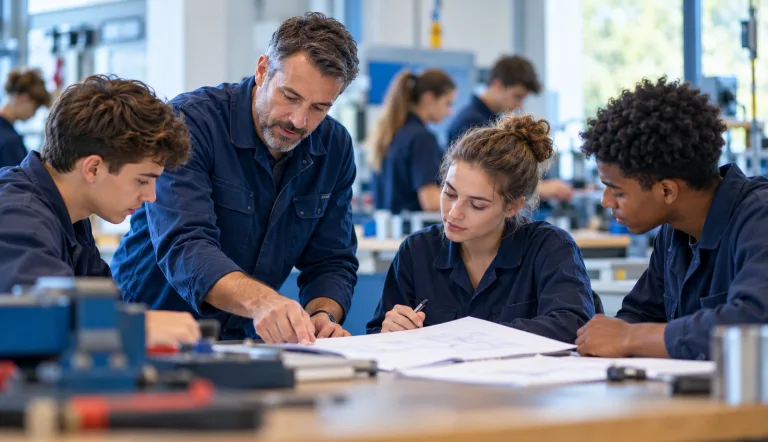 Formateur accompagnant plusieurs apprentis autour de plans techniques dans un atelier de formation professionnelle.