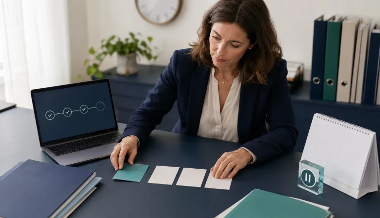 Responsable de formation examinant quatre étapes de paiement, dont une mise en évidence, devant un calendrier et un suivi numérique symbolisant le déclenchement et l’annulation possible d’une avance CPF.