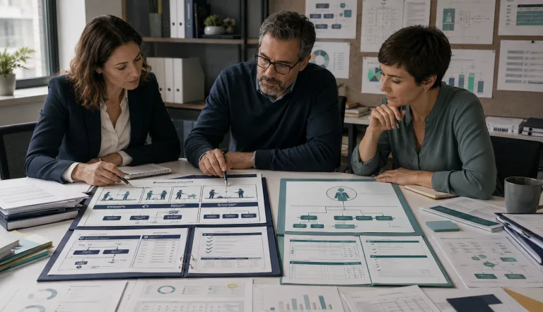Trois professionnels examinent deux dossiers de certification distincts, composés de référentiels, de grilles d’évaluation et de schémas de compétences.