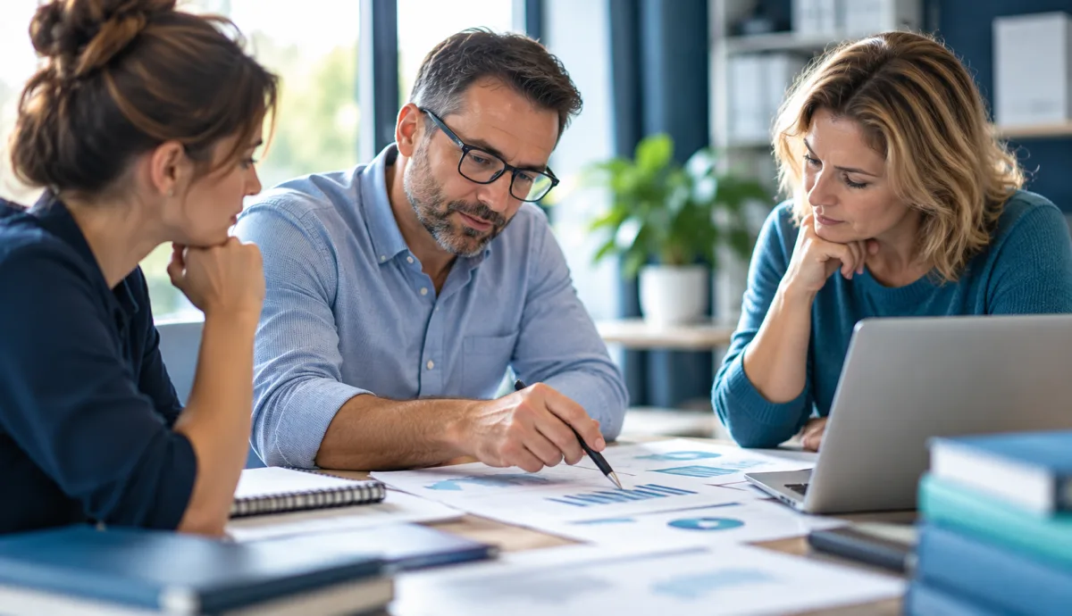 Trois professionnels analysent ensemble des documents financiers et des graphiques autour d’un ordinateur portable