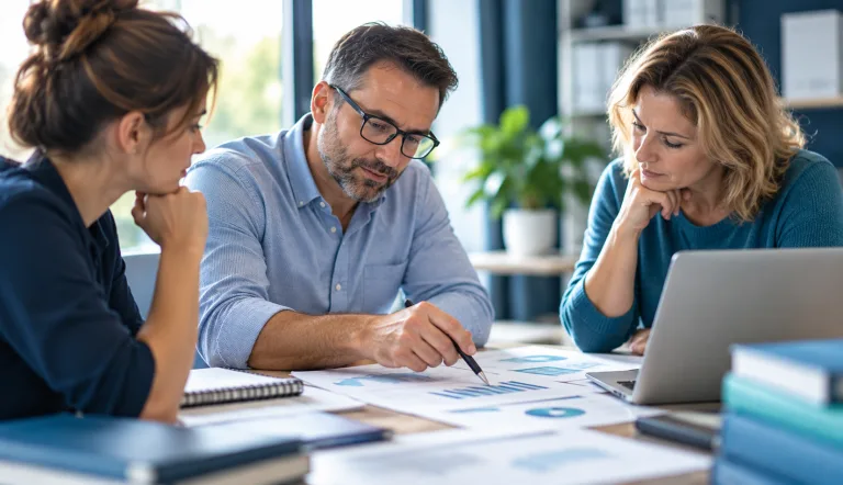 Trois professionnels analysent ensemble des documents financiers et des graphiques autour d’un ordinateur portable