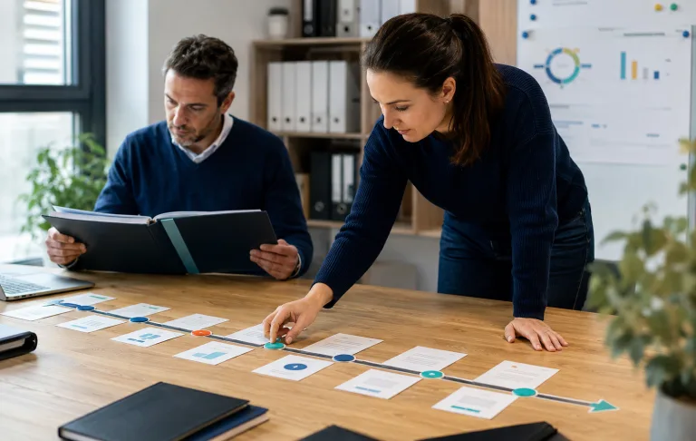 Responsable qualité organisant les étapes d’un plan de mise en conformité avec un collègue dans un organisme de formation.