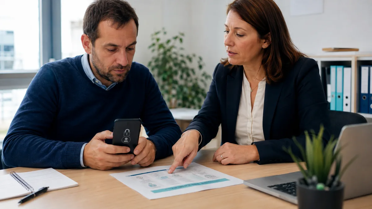 Un candidat utilise personnellement son smartphone pendant qu’une conseillère lui explique la procédure d’identité numérique à partir d’un document, sans manipuler son appareil.
