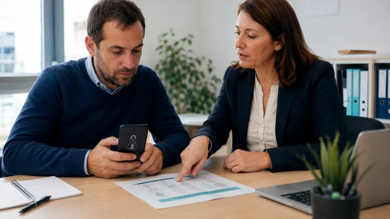 Un candidat utilise personnellement son smartphone pendant qu’une conseillère lui explique la procédure d’identité numérique à partir d’un document, sans manipuler son appareil.