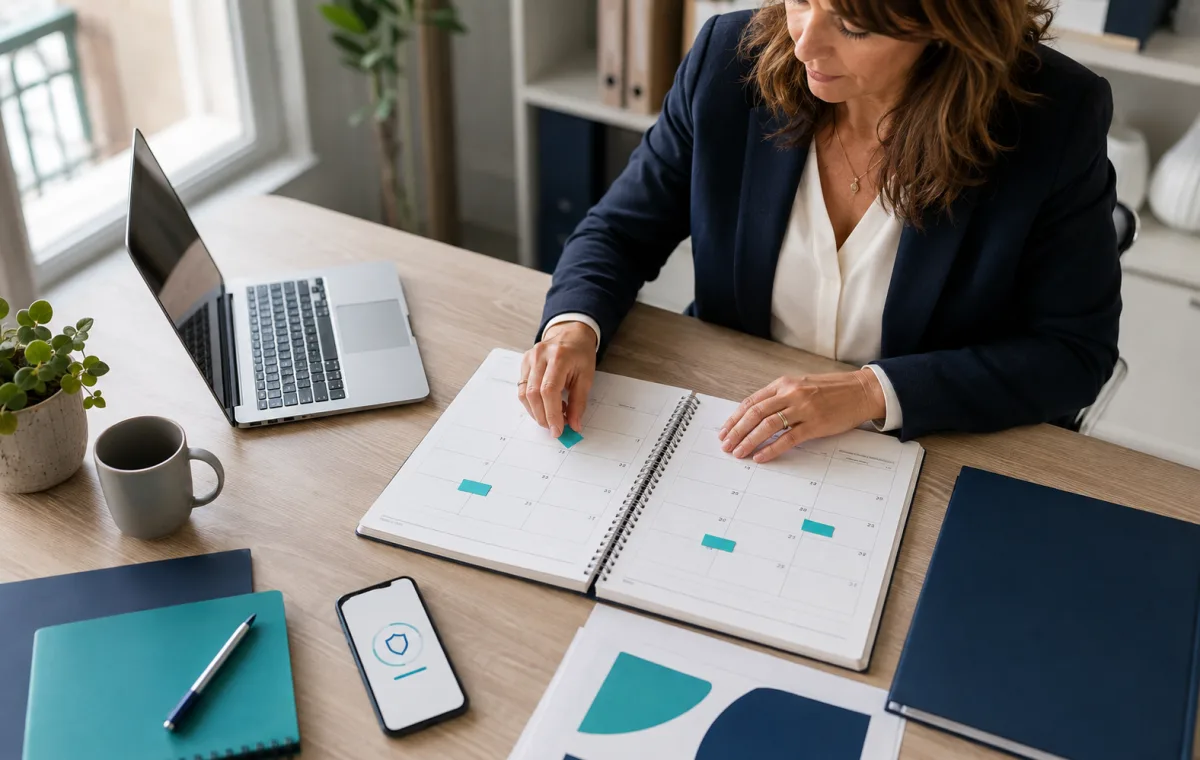 Responsable de formation organisant quatre échéances dans un agenda, devant un ordinateur et un téléphone sécurisé.