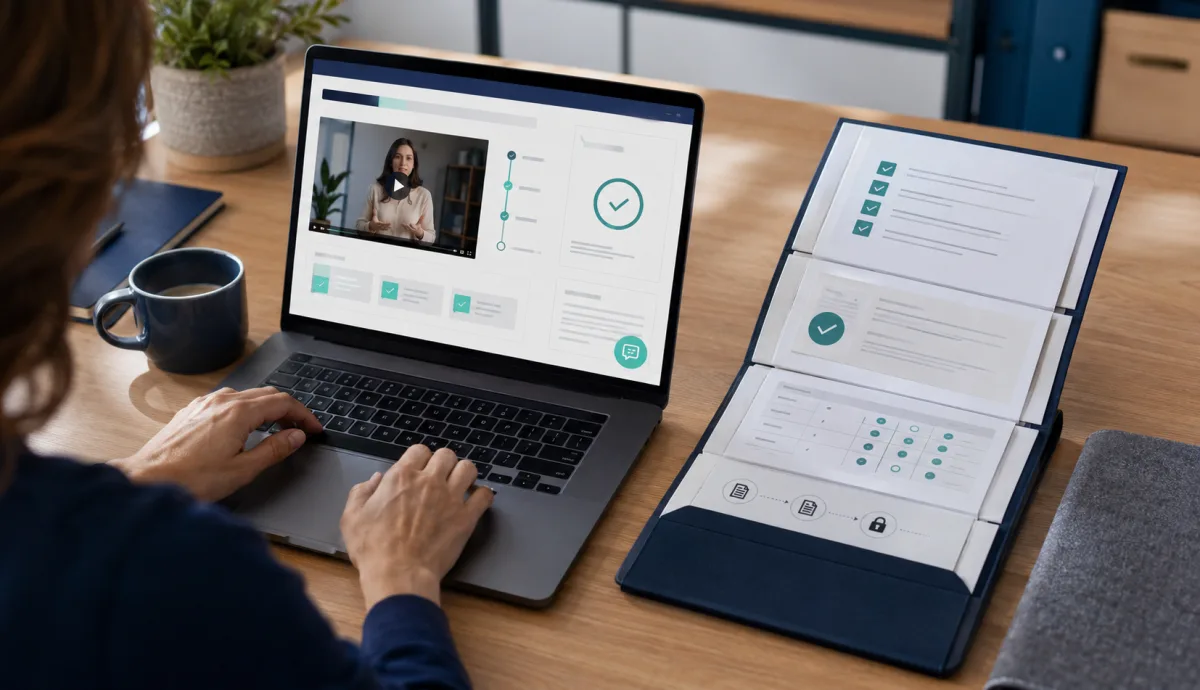 Une apprenante suit une formation sur ordinateur tandis qu’un dossier rassemble les preuves de progression, les évaluations et les activités réalisées.