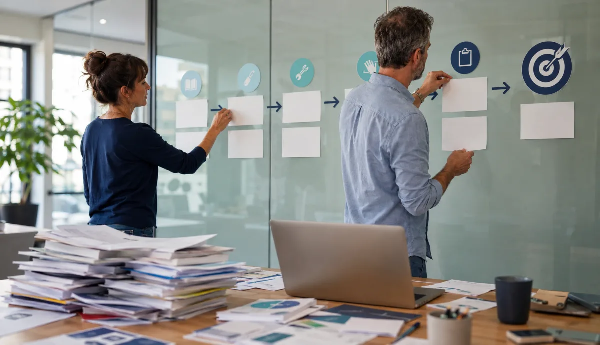 Deux professionnels conçoivent un parcours à rebours, depuis la compétence visée jusqu’aux ressources pédagogiques.