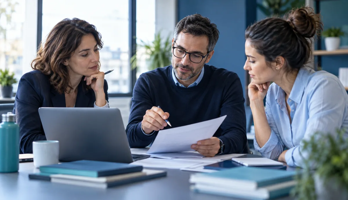 Trois professionnels examinent ensemble des documents de formation autour d’un ordinateur portable. La scène évoque l’analyse et la vérification d’une offre de formation selon des critères professionnels.