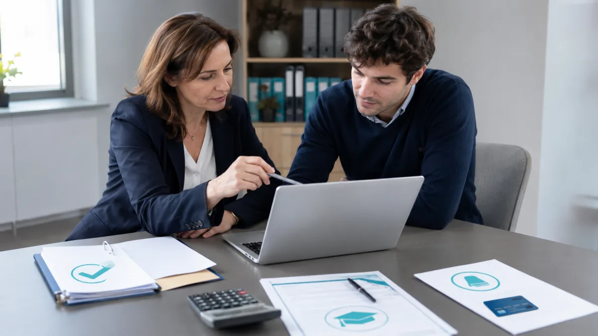 Une responsable de formation et un candidat consultent un dossier sur ordinateur, entourés de documents évoquant des frais d’examen inclus ou payés séparément.