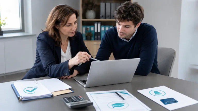 Une responsable de formation et un candidat consultent un dossier sur ordinateur, entourés de documents évoquant des frais d’examen inclus ou payés séparément.