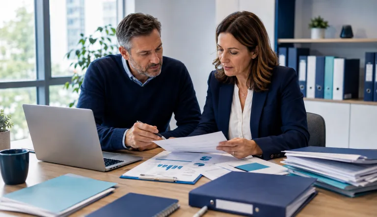 Deux responsables d’un organisme de formation vérifient ensemble des contrats et documents administratifs liés à la sous-traitance autour d’un ordinateur.