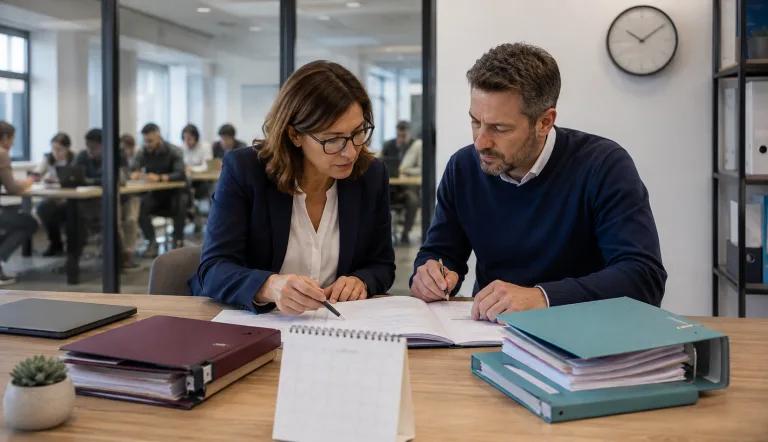 Deux responsables examinent des dossiers de certification à l’approche d’une échéance, tandis qu’une session de formation se poursuit en arrière-plan.