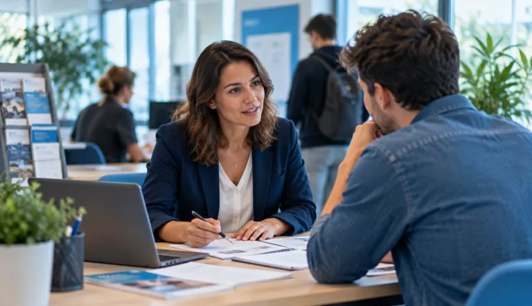 Conseillère échangeant avec un demandeur d’emploi autour de documents de formation dans un espace d’accompagnement professionnel lumineux.