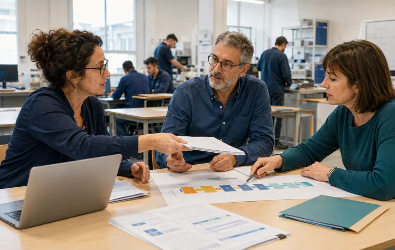 Trois formateurs coordonnent un parcours pédagogique autour de documents partagés, dans un centre de formation où des apprenants travaillent en arrière-plan.