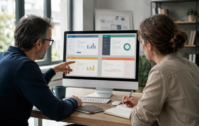 Deux responsables de formation comparent quatre tableaux de bord de logiciels de gestion affichés sur un écran d’ordinateur.