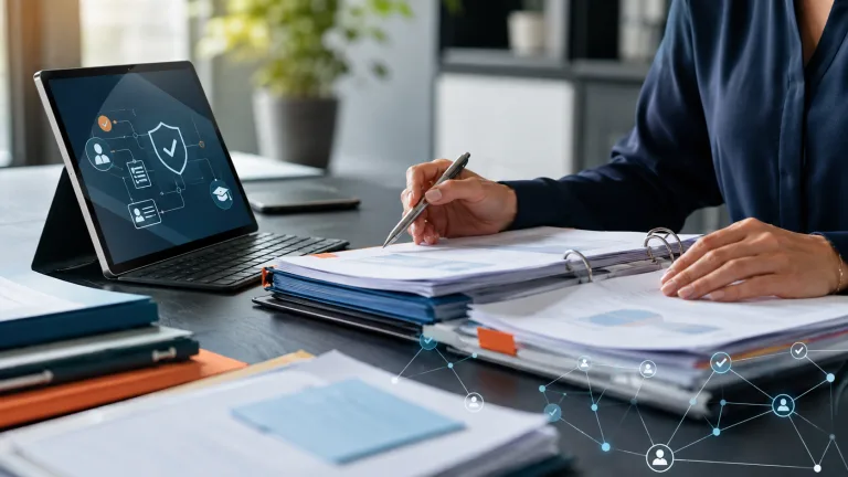 Responsable d’un organisme de formation vérifiant des dossiers administratifs devant une interface numérique symbolisant le contrôle, la traçabilité et la sécurisation des données.