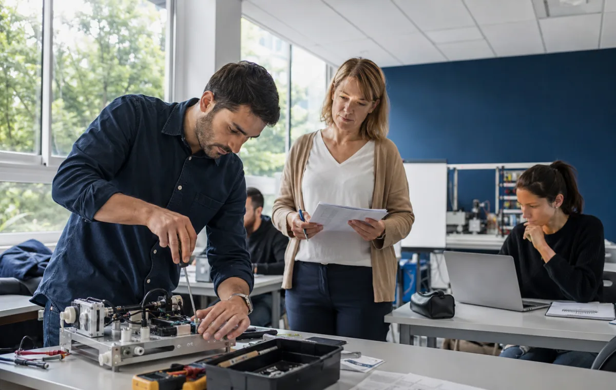 Une formatrice évalue un apprenant réalisant un exercice pratique sur un équipement technique, tandis qu’une autre participante analyse son travail sur ordinateur.