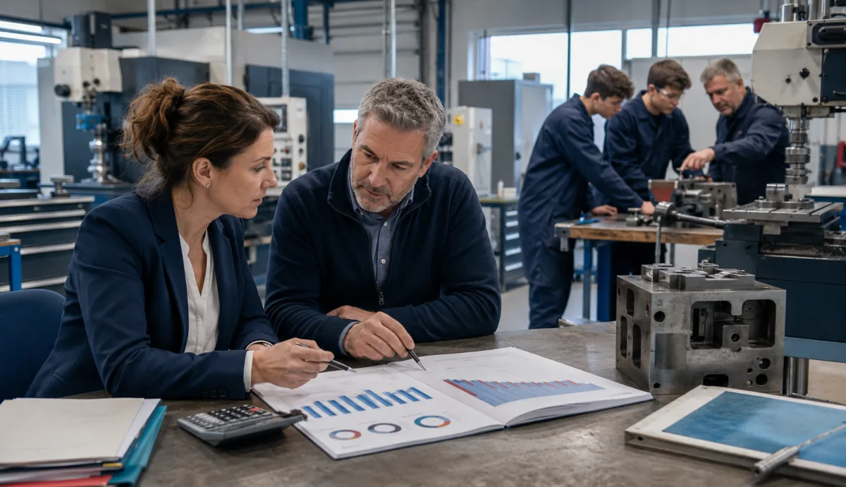 Deux responsables de CFA analysent des données financières dans un atelier où un formateur accompagne deux apprentis sur des équipements industriels.